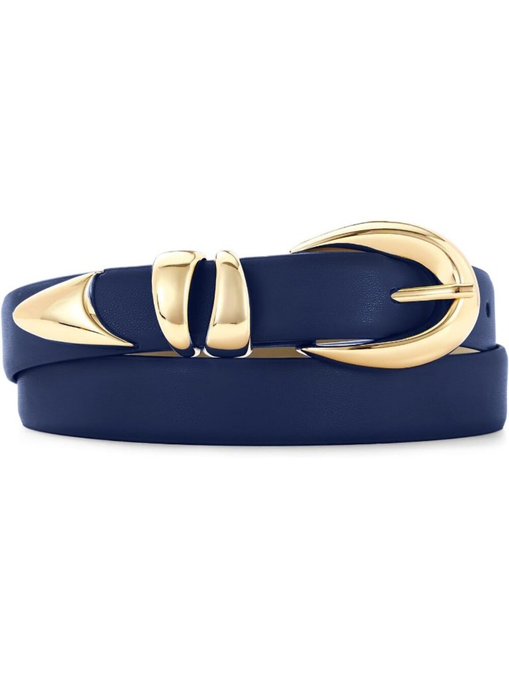 Women's Navy Blue Leather Adjustable Waist Belt For Jeans With Gold Buckle